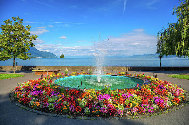 Wall Art featuring the photograph Fountain And Flower Garden Overlooking Lake Geneva, Villeneuve, Switzerland by Miroslav Liska