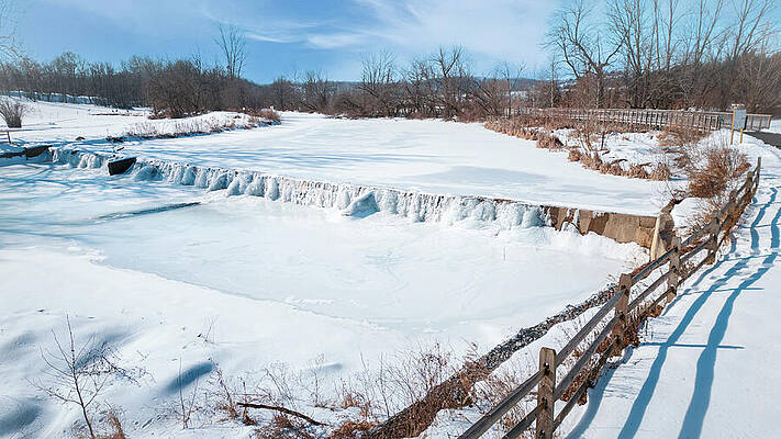 Frozen River Landscape with Snowy Field Wall Art