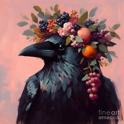 Vibrant Wall Art featuring the ai art Fruity Crow by Lucia Stewart