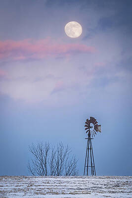 Moonlit Windmill in Winter Field Wall Art