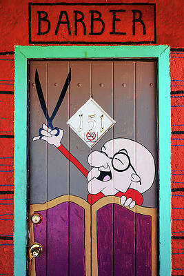 Wall Art featuring the photograph Funny Barber Door - Route 66 Kingman, Arizona by Tatiana Travelways