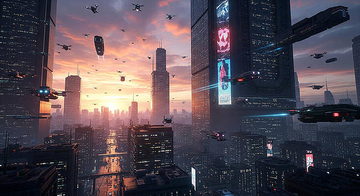 Modern Wall Art featuring the ai art Futuristic Cityscape At Dusk by The Luxury Art Collection