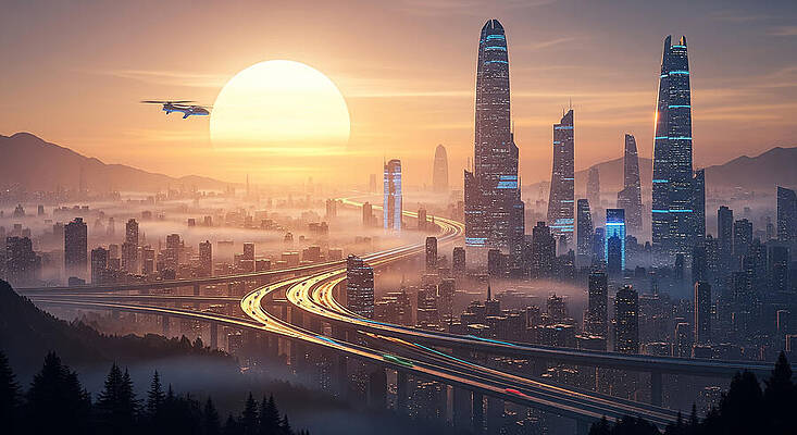 Futuristic Cityscape at Sunrise Wall Art