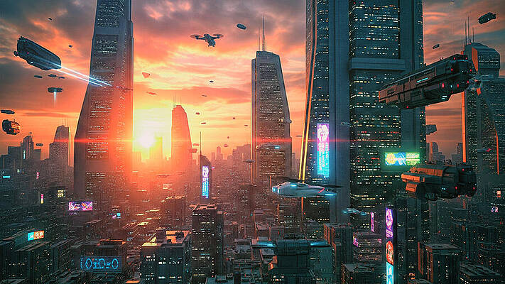 Modern Wall Art featuring the ai art Futuristic Cityscape At Sunset by The Luxury Art Collection