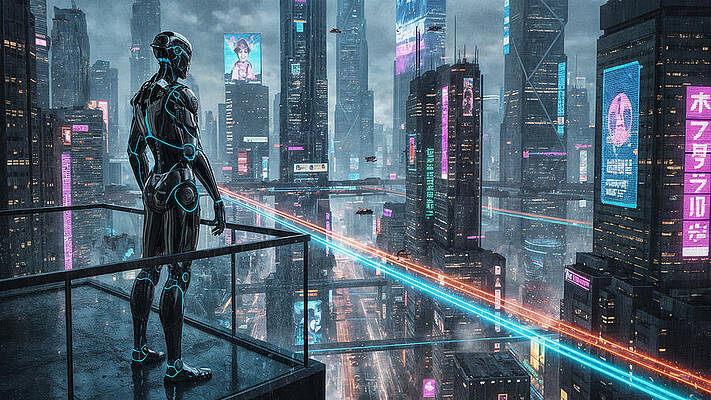 Futuristic Cityscape with Robot Overlook Digital Art