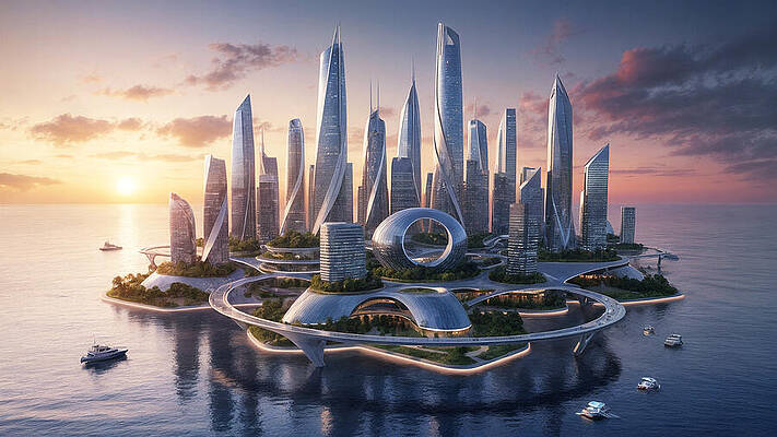 Futuristic Island Metropolis Wall Art