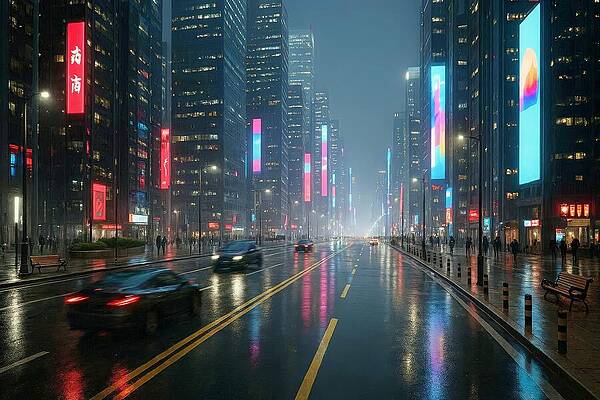Futuristic Rainy Cityscape at Night Digital Art