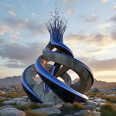 Futuristic Spiral Sculpture at Sunrise by David Manlove