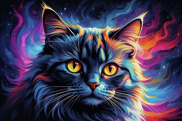 Vibrant Wall Art featuring the digital art Galactic Nightshade Cat by Don Northup