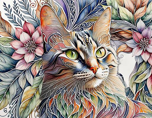 Whimsical Digital Art - Garden Cat by Eris And AI
