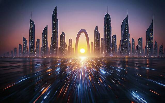 Futuristic Cityscape at Sunrise Digital Art