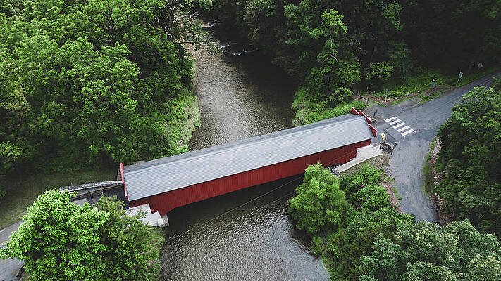 Wall Art featuring the photograph Geiger Covered Bridge Summer Aerial by Jason Fink