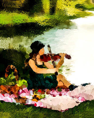 Woman Digital Art - Girl Playing Violin Near A Riverbank by Gradify Creations