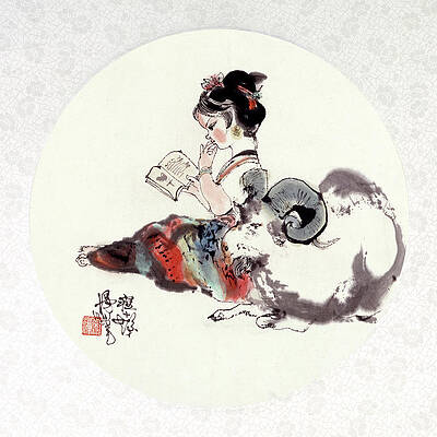 Wall Art featuring the painting Girl Reading Book With Goat by Cheng Shifa