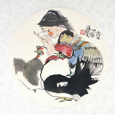 Girl With Chicken And Rooster Print