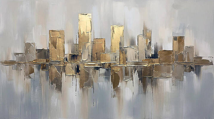 Golden Abstract Skyline Reflection Wall Art