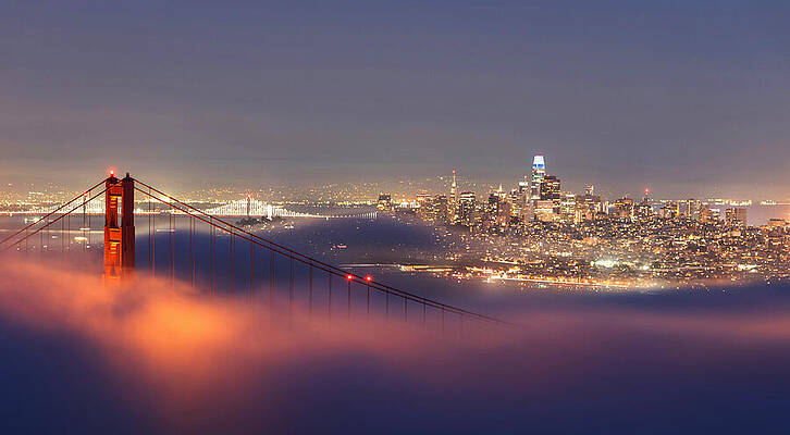 Architecture Wall Art featuring the photograph Golden Gate Bay Bridge San Francisco Night Scene by Printed View