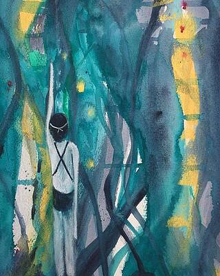 Abstract Wall Art featuring the mixed media Golden Swim by Mary Conner