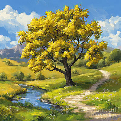 Golden Tree by the Stream Wall Art