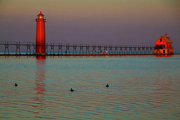 Nature Photograph - Grand Haven LIghthouse At Sunrise by Deb Beausoleil
