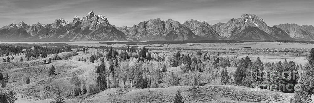 Wall Art featuring the photograph Grand Teton Autumn Overlook Panorama Black And White by Adam Jewell