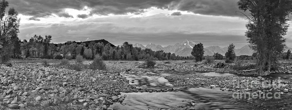 Wall Art featuring the photograph Grand Teton Spread Creek Panoramic Autumn Sunset Black And White by Adam Jewell