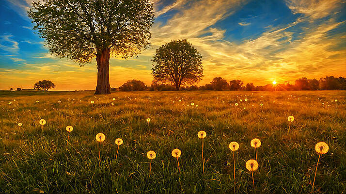 Nature Digital Art - Grass Field With Dandelion Seed Heads And Trees At Sunset - Digital Painting by Nicko Prints