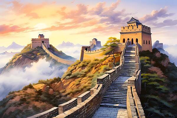 Atmospheric Wall Art featuring the digital art Great Wall Of China At Sunrise In Watercolor Style No 1 by Andre Petrov