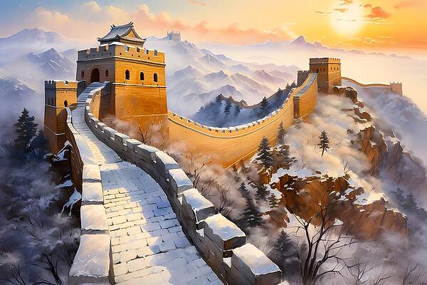 Atmospheric Wall Art featuring the digital art Great Wall Of China At Sunrise In Watercolor Style No 2 by Andre Petrov