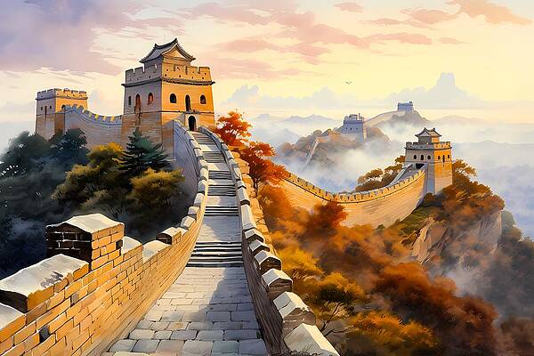 Atmospheric Wall Art featuring the digital art Great Wall Of China At Sunrise In Watercolor Style No 3 by Andre Petrov