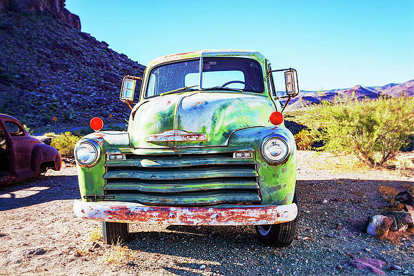 Wall Art featuring the photograph Green Classic Chevrolet Truck On Route 66 Arizona by Tatiana Travelways
