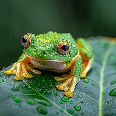 Water Photograph - Green Tree Frog On Leaf by Printed View