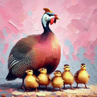 Vibrant Wall Art featuring the digital art Guinea Fowl And Chicks by Lucia Stewart