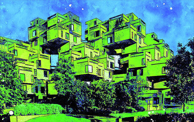 Vibrant Wall Art featuring the digital art Habitat 67 Housing Complex In Montreal, Canada - Sketch Painting In Green And Blue by Nicko Prints