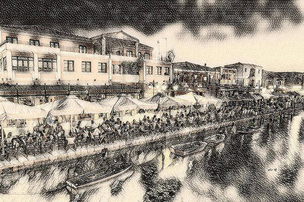 Greece Wall Art featuring the digital art Harbor Cafes In Lefkada by Antonios Valamontes