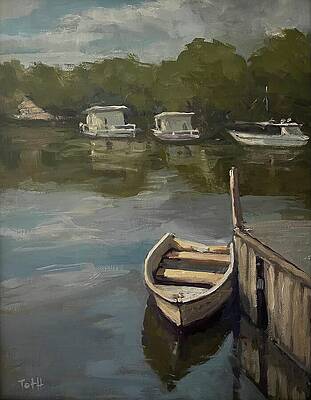 Serene Lakeside with Boats Painting