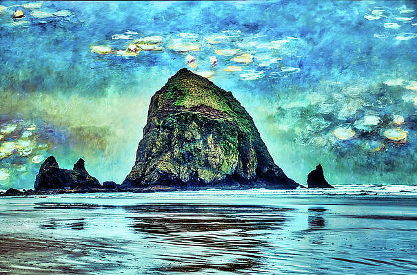 Wall Art featuring the digital art Haystack Rock With Monet's Water Lilies Sky by Bruce Block