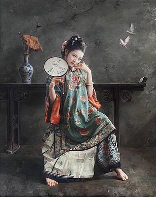 Wall Art featuring the painting Hearing The Birds Chirping by Mingyue Wang