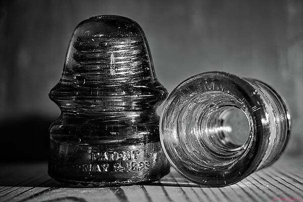 Train Photograph - Hemingray Glass Railroad Pole Insulators 1890s In BW by Rene Vasquez