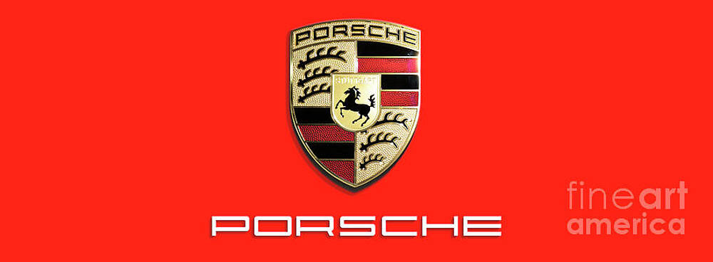 Wall Art featuring the photograph High Res Quality Porsche Logo - Hood Emblem Isolated On Colorful Red Background by Stefano Senise
