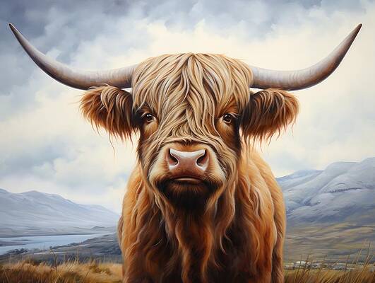 Wall Art featuring the painting Highland Cow by Land of Dreams