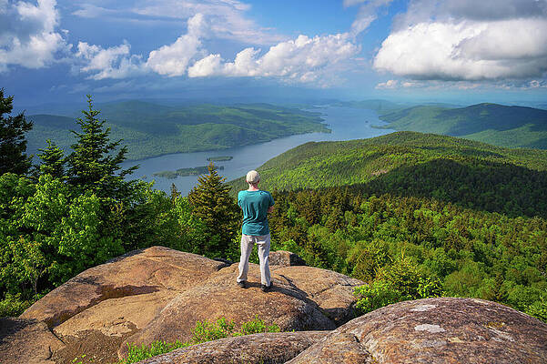 Wall Art featuring the photograph Hiker On Black Mountain Overlooking Lake George, New York State, USA by Miroslav Liska