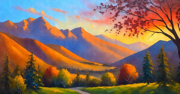 Nature Digital Art - Hills And Mountains Under A Beautiful Sunset Sky - Colorful Watercolor Painting by Nicko Prints