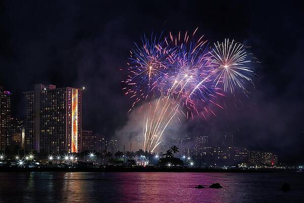 Fireworks Over City Skyline Photograph