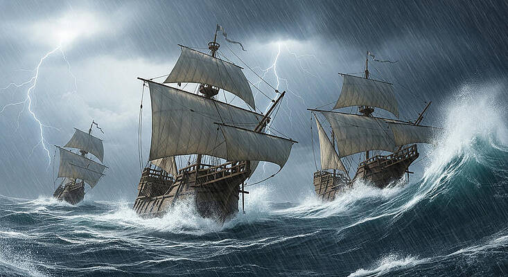 Nature Wall Art featuring the ai art Historic Ship Battle In Stormy Seas by The Luxury Art Collection