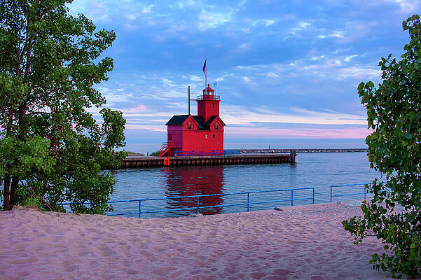 Red Lighthouse by the Water Wall Art