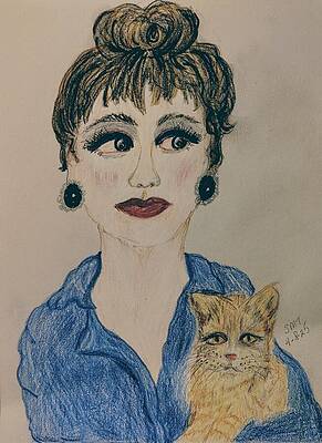 Woman with Cat in Blue Attire Wall Art