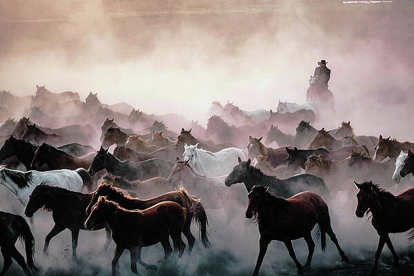 Dramatic Wall Art featuring the photograph Horses Being Corralled By A Cowboy by Printed View