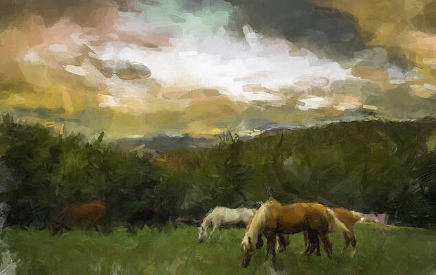 Landscape Wall Art featuring the painting Horses Grazing by Gary Arnold