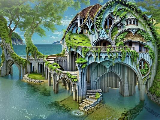 Whimsical Digital Art - Hotel By A Sleepy Lagoon by Eris And AI